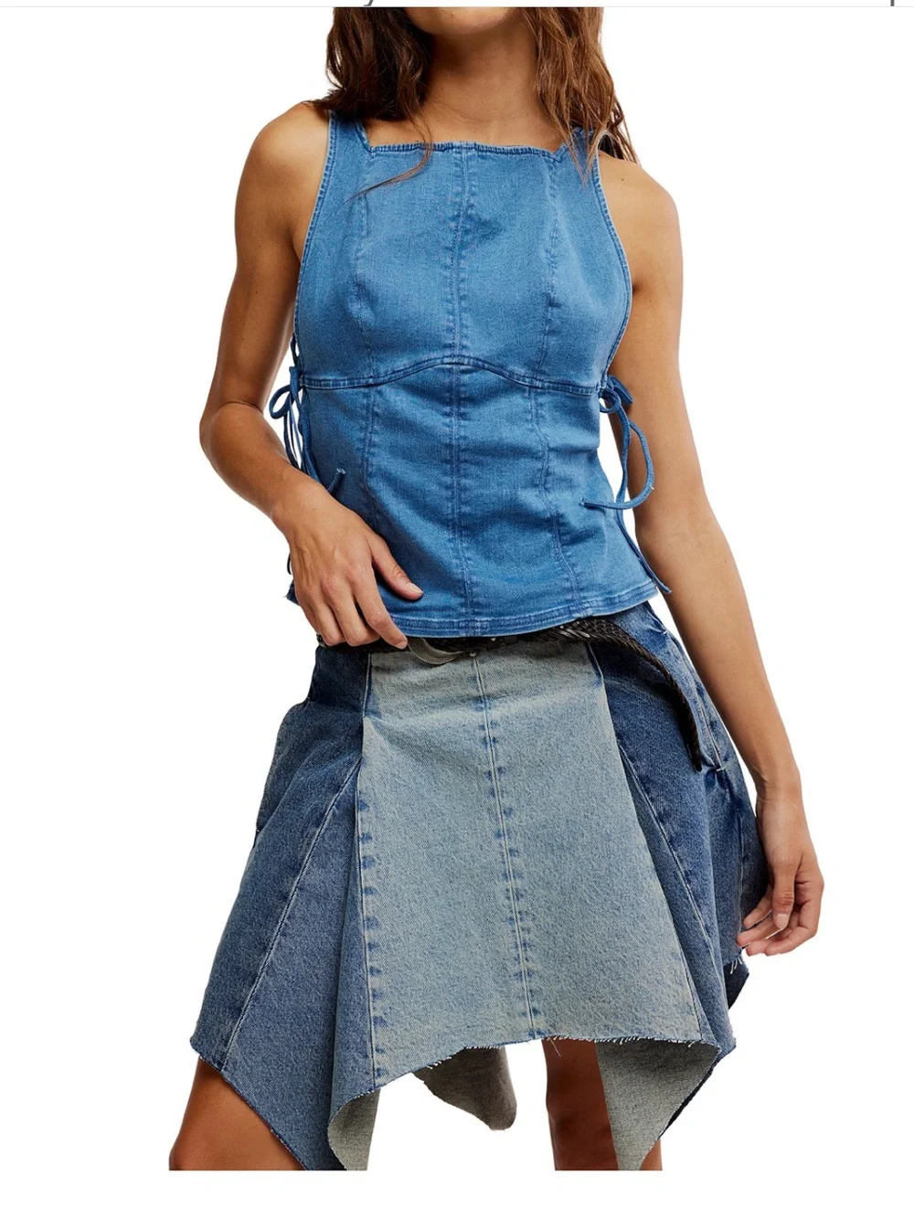 Free People Blue Denim Lace-Up Tank Top